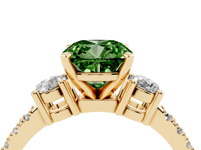 Fancy Green Three-Stone Cushion Cut Diamond Pavé Band Ring Set in Yellow gold with Prong Setting