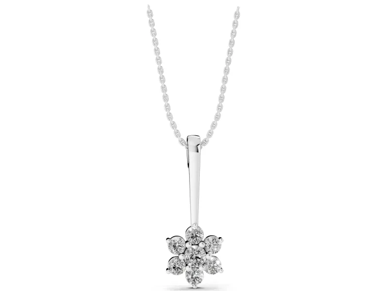 Round Lab-Grown Diamond Flower Cluster Pendant Necklace | Grooved Bail | White Gold