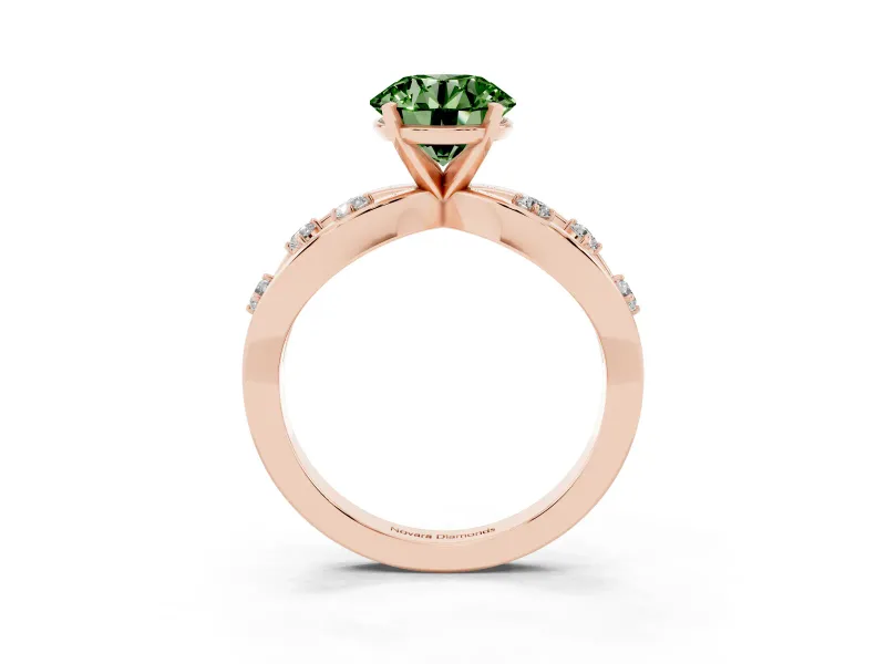 Fancy Green Round Cut Diamond Solitaire Ring Set in Rose gold with Side Stones on Criss-Cross Band and Prong Setting