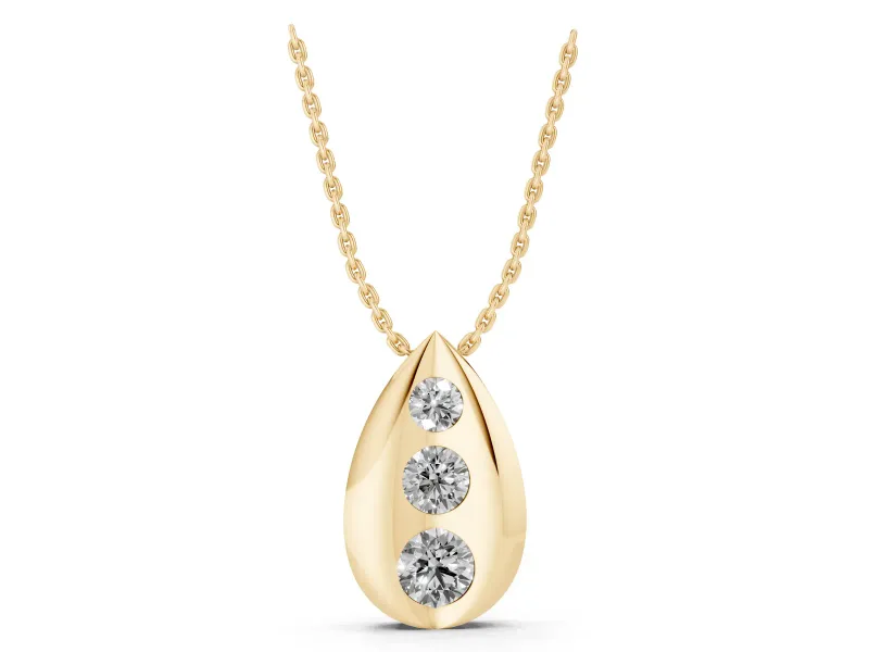 Round Lab-Grown Diamond Graduated Bezel Teardrop Pendant Necklace | Fluted Sides | Yellow Gold