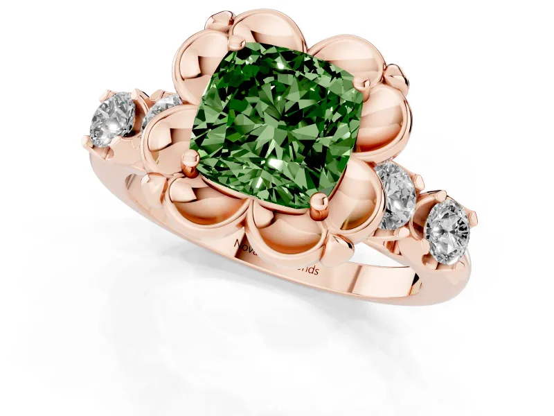 Cushion Cut Floral Engagement Ring Setting for a Fancy Green Lab-Grown Diamond | Petal Frame and Side Stones | Rose Gold
