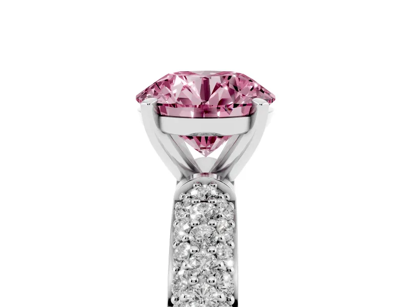 Fancy Pink Round Cut Diamond Solitaire Ring Set in Platinum with Prong Setting and Pavé-Set Band