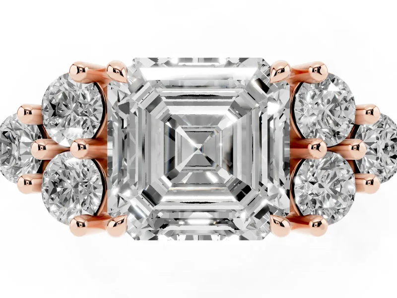 Asscher Cut Diamond Solitaire Ring Set in Rose gold with Cluster Accents on Each Side
