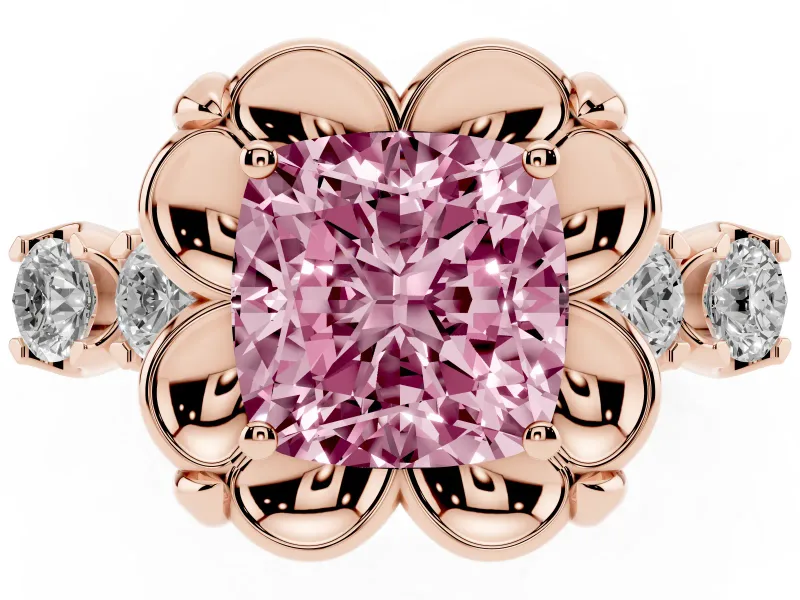 Cushion Cut Floral Engagement Ring Setting for a Fancy Pink Lab-Grown Diamond | Petal Frame and Side Stones | Rose Gold