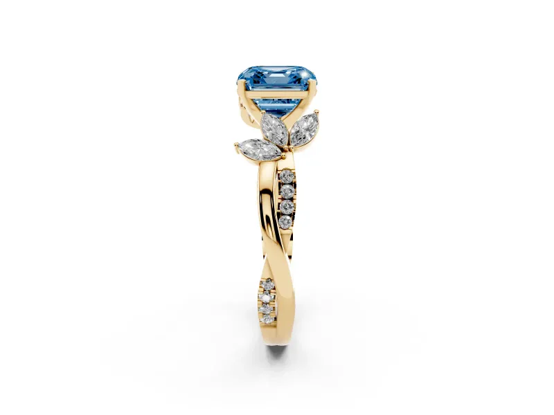 Fancy Blue Asscher Cut Diamond Floral Vine Solitaire Engagement Ring Set in Yellow gold with Marquise Leaves