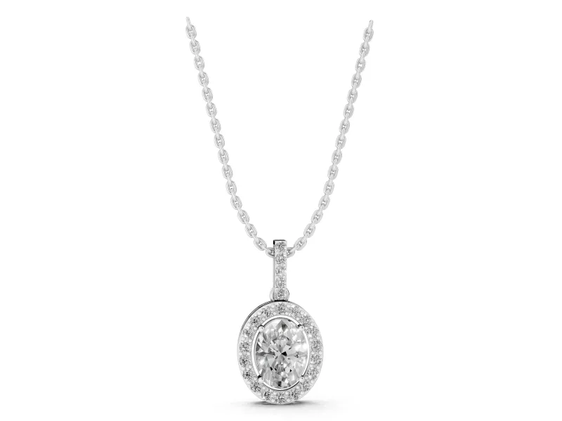 Oval Lab-Grown Diamond Halo Pendant Necklace | Pavé Bail | White Gold