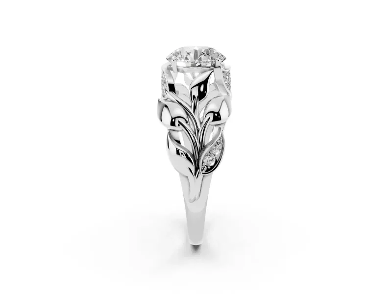 Round Leaf Bypass Engagement Ring Setting | Pave Leaf Accents | Sterling Silver