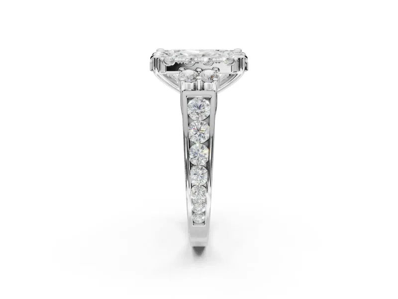 Radiant Cut Halo Side Cluster Engagement Ring Setting | Graduated Channel Band | White Gold