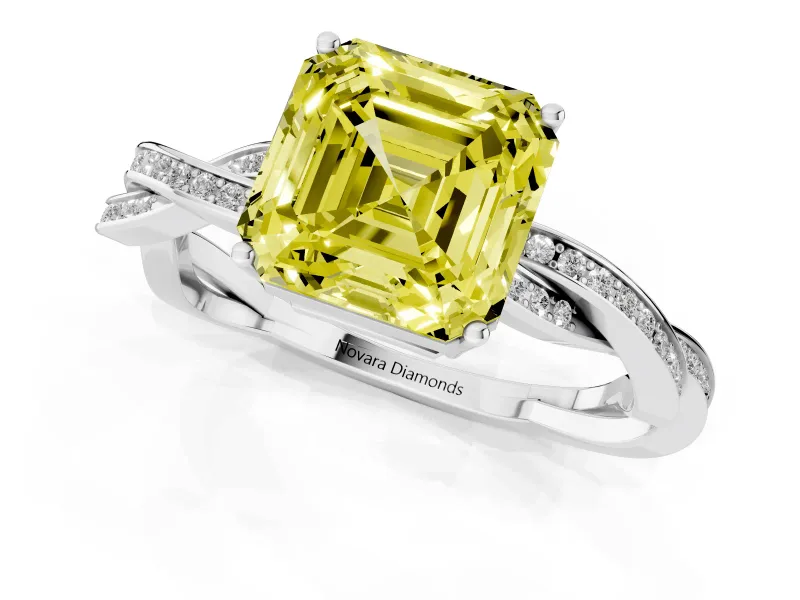 Asscher Cut Twisted Pavé Solitaire Engagement Ring Setting for a Fancy Yellow Lab-Grown Diamond | Open Basket | Platinum