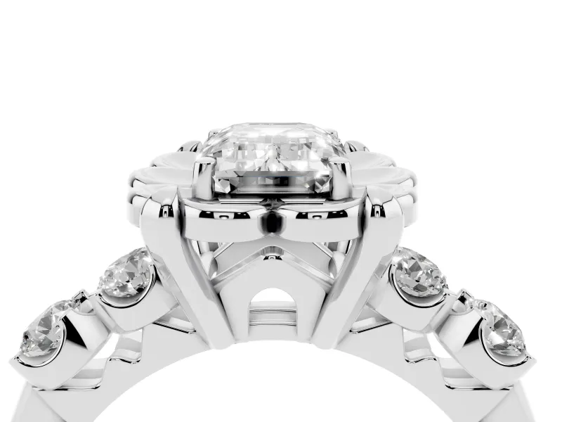 Emerald Cut Floral Engagement Ring Setting | Petal Frame and Side Stones | White Gold