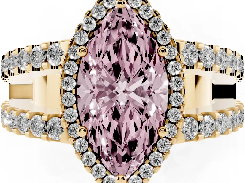 Fancy Pink Marquise Cut Diamond Halo Ring Set in Yellow gold with Pavé Split Shank and Prong Setting