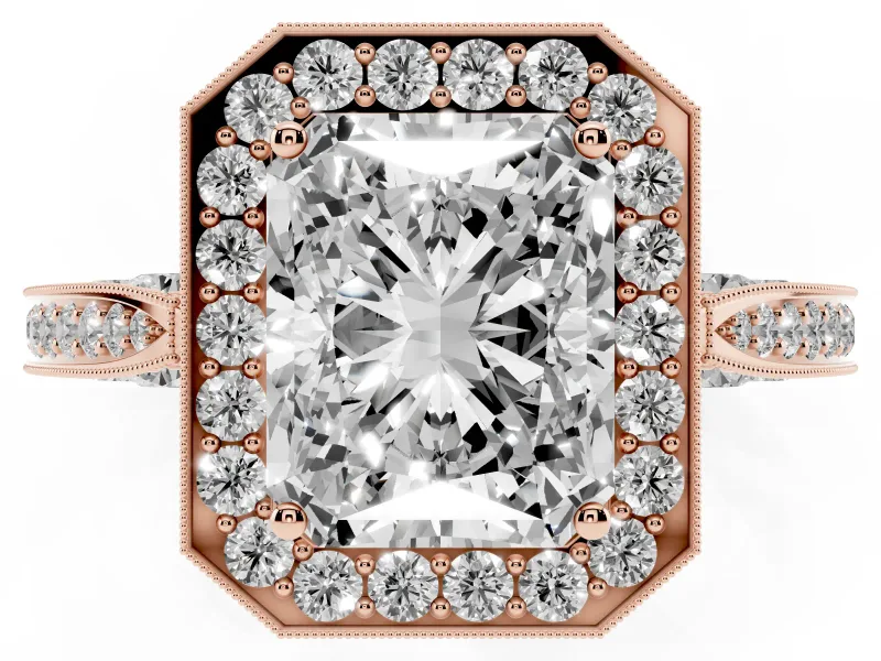 Radiant Cut Vintage Milgrain Halo Engagement Ring Setting | Side Stones and Pave | Rose Gold