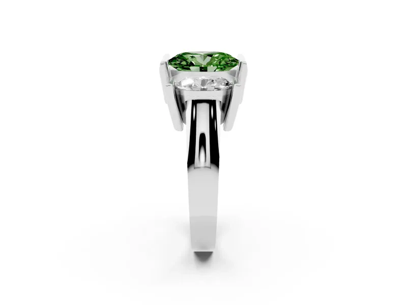 Fancy Green Oval Cut Diamond Three-Stone Channel Set Ring Set in Silver with Smooth Polished Band