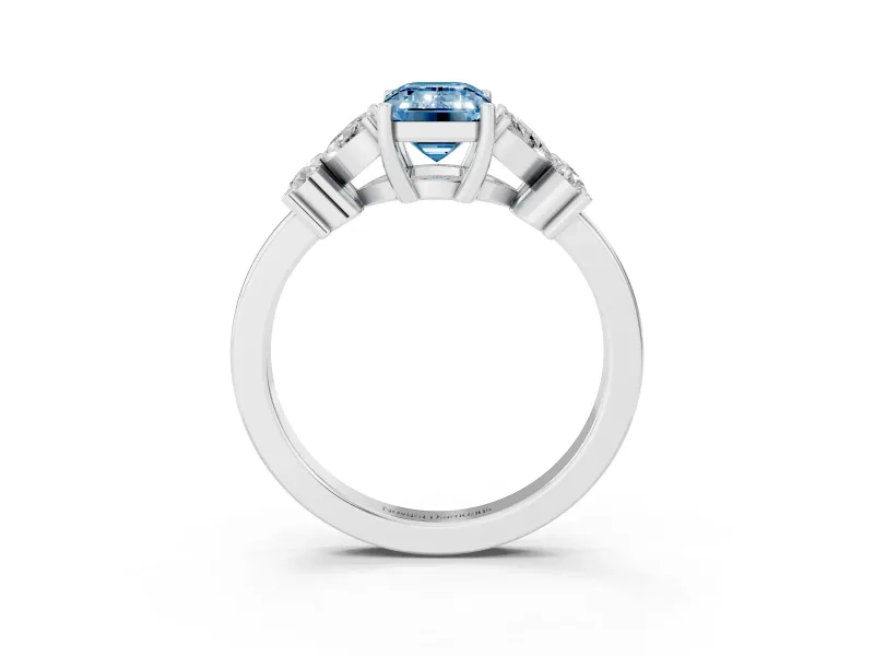 Fancy Blue Emerald Cut Diamond Floral Cluster Ring Set in White gold with Marquise Petals and Prong Setting