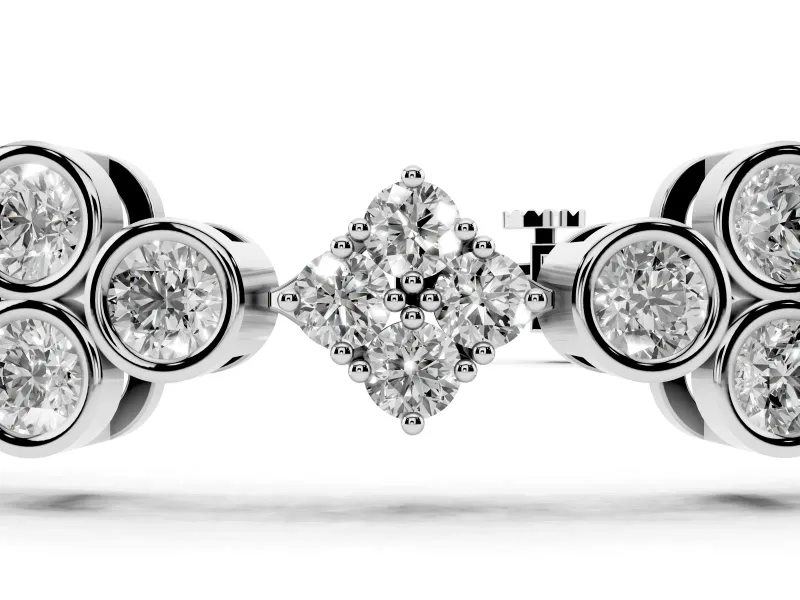 Round Lab-Grown Diamond Cluster Tennis Bracelet | Bezel Clover Stations | Sterling Silver