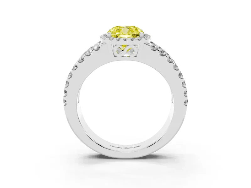 Fancy Yellow Cushion Cut Diamond Halo Ring Set in White gold with Pavé Split Shank and Prong Setting