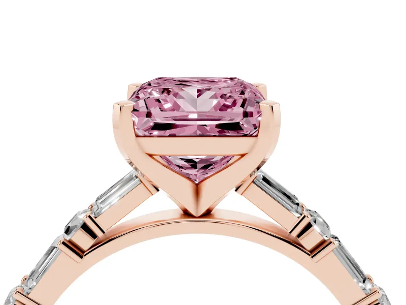 Fancy Pink Princess Cut Diamond Solitaire Set in Rose gold with Side Baguettes and Channel Set Band