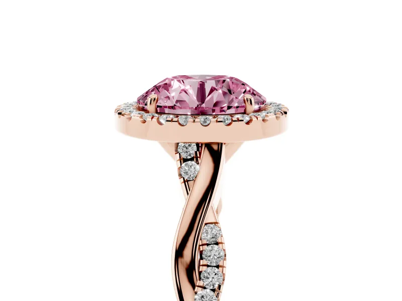 Round Halo Engagement Ring Setting for a Fancy Pink Lab-Grown Diamond | Pavé Twist Band | Rose Gold