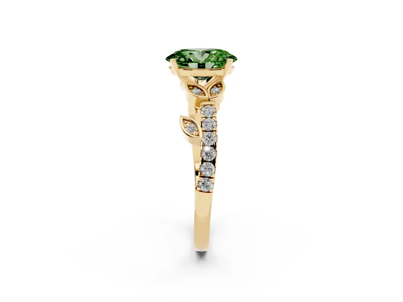 Fancy Green Oval Cut Diamond Solitaire Leaf-Inspired Ring Set in Yellow gold with Pavé Band and Prong Setting
