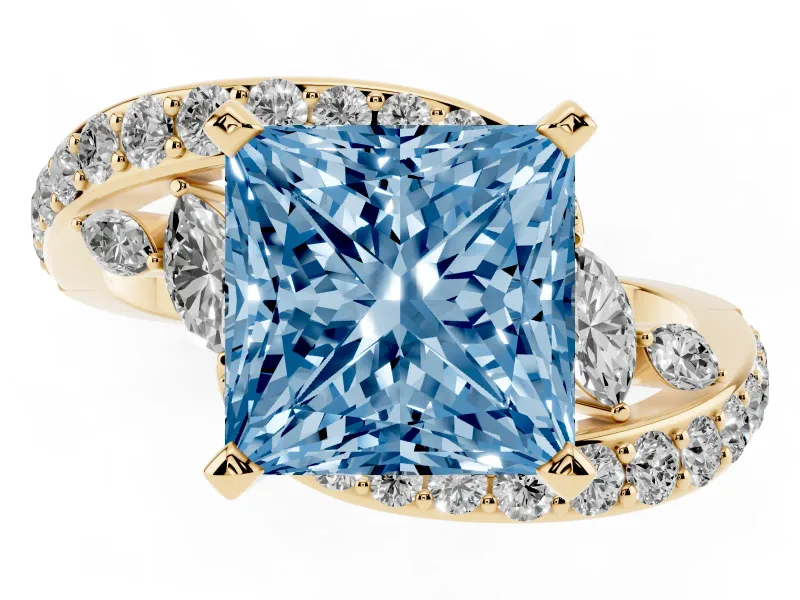 Fancy Blue Princess Cut Diamond Solitaire Ring Set in Yellow gold with Pavé Twist Band and Secure Prong Setting