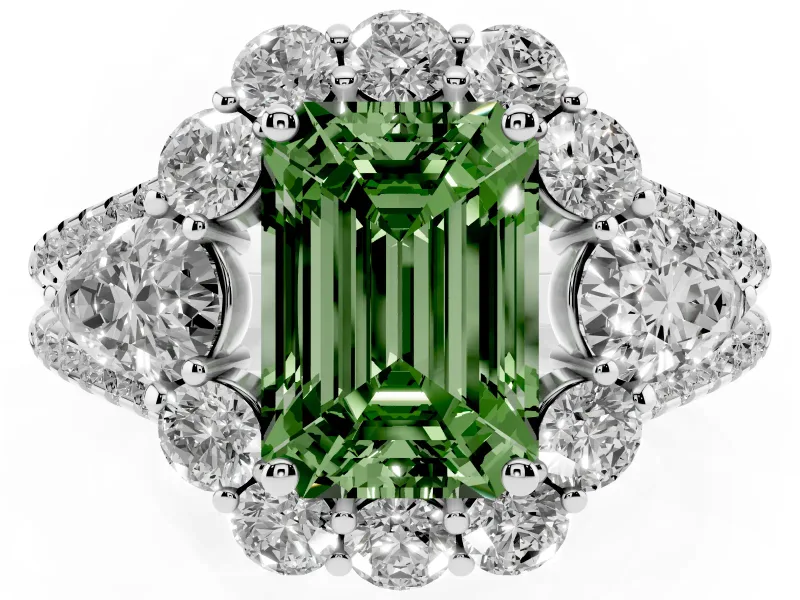 Fancy Green Emerald Cut Diamond Halo Split Shank Engagement Ring Set in Silver with Prong-Held Center Stone
