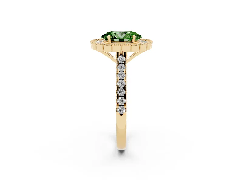 Fancy Green Oval Cut Diamond Milgrain Floral Halo Engagement Ring Set in Yellow gold with Pavé Band