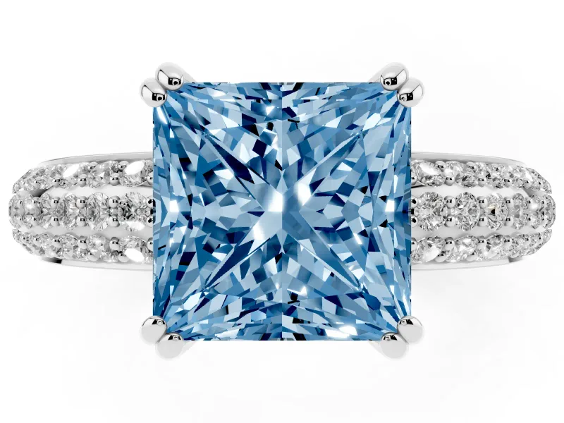 Princess Cut Three Row Pave Engagement Ring Setting for a Fancy Blue Lab-Grown Diamond | White Gold
