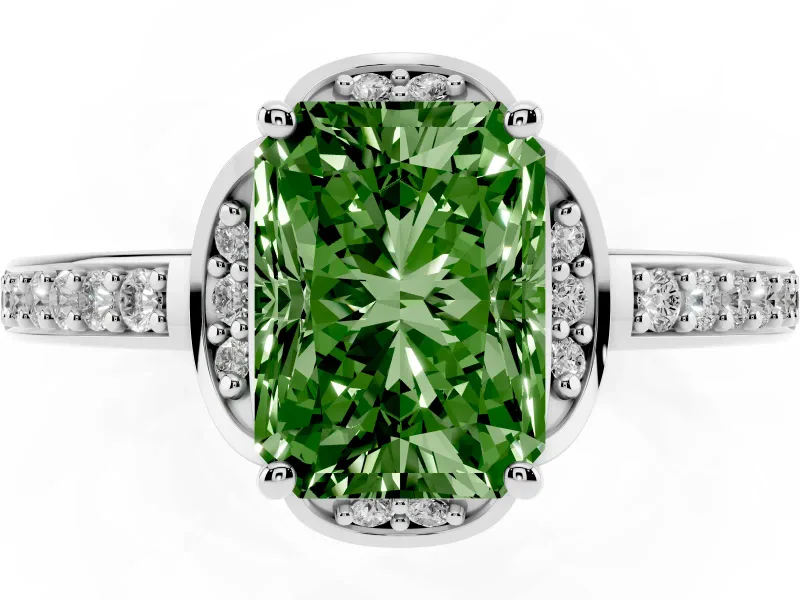 Radiant Cut Floral Pavé Engagement Ring Setting for a Fancy Green Lab-Grown Diamond | Petal Accents | Sterling Silver