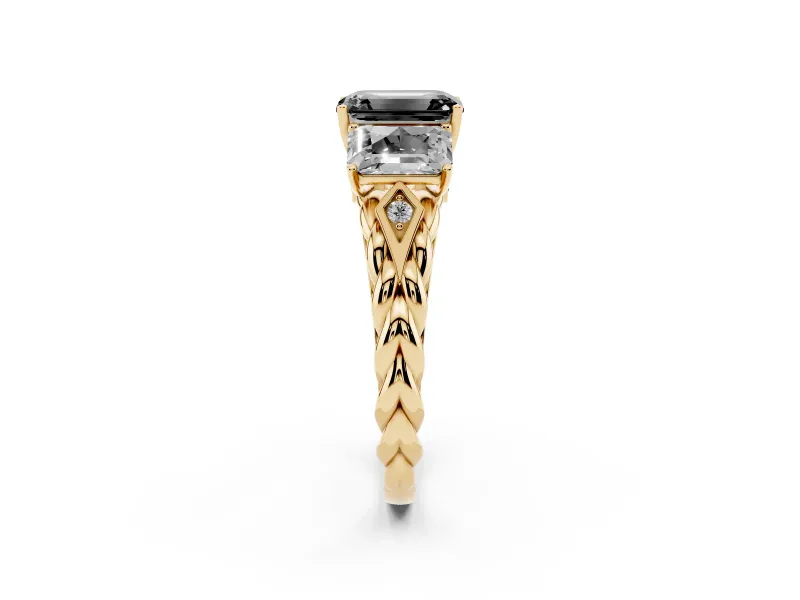 Emerald Cut Three Stone Engagement Ring Setting for a Black Center | Braided Band | Yellow Gold
