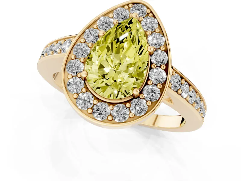 Fancy Yellow Pear Cut Diamond Halo Pavé Engagement Ring Set in Yellow gold with Bezel Setting
