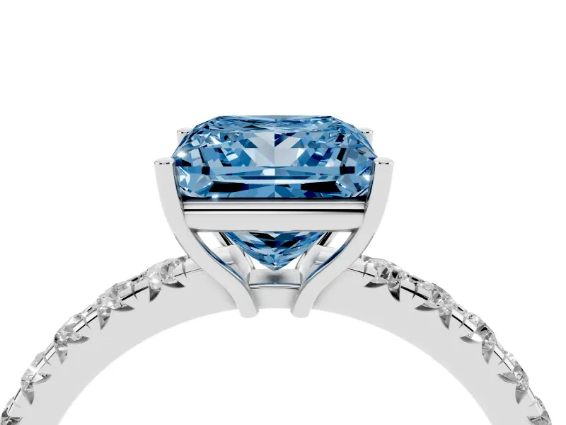 Princess Cut Pave Engagement Ring Setting for a Fancy Blue Lab-Grown Diamond | Shared Prong Band | White Gold