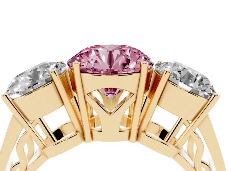 Round Engagement Ring Setting for a Fancy Pink Lab-Grown Diamond | Three Stone | Yellow Gold