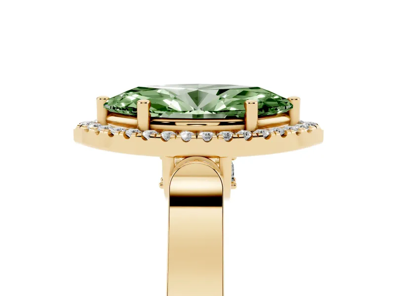 Fancy Green Marquise Cut Diamond Halo Ring Set in Yellow gold with Pavé-Lined Split Shank Band