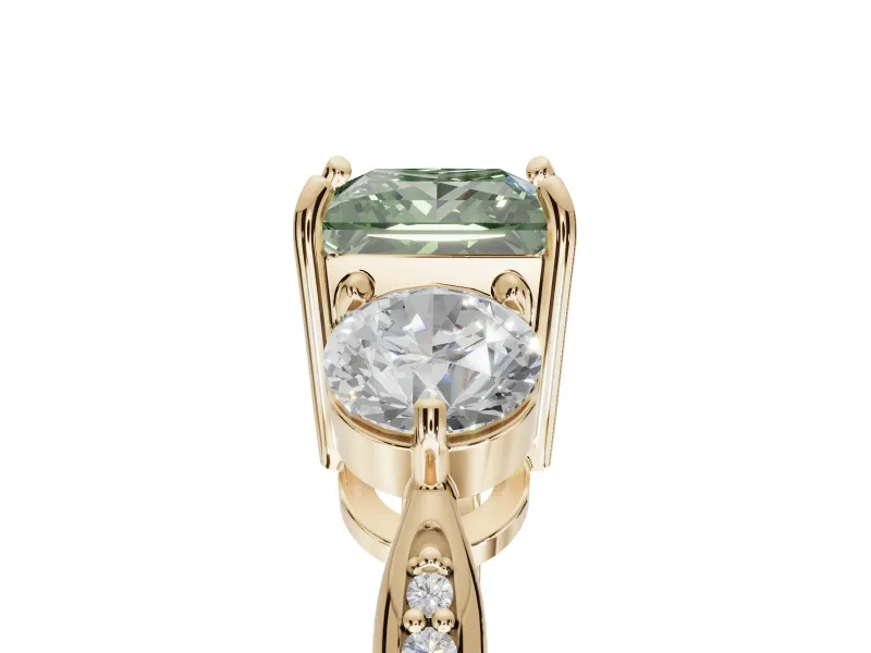 Princess Cut Three Stone Engagement Ring Setting for a Fancy Green Lab-Grown Diamond | Tapered Pave Band | Yellow Gold