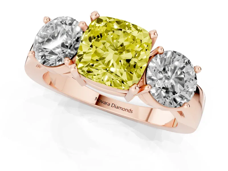 Cushion Cut Three Stone Engagement Ring Setting for a Fancy Yellow Lab-Grown Diamond | Wide Plain Band | Rose Gold