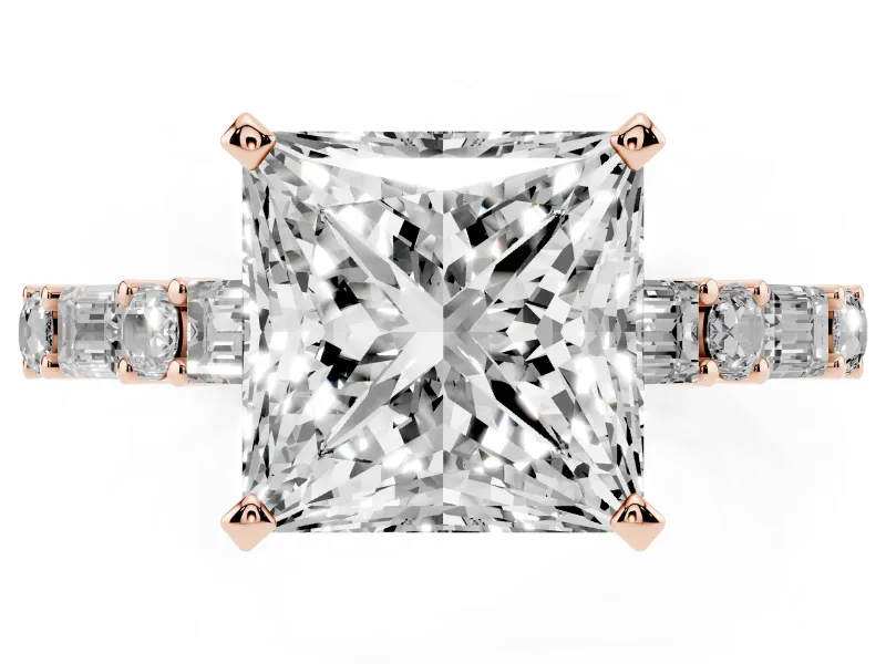 Princess Cut Diamond Solitaire Set in Rose gold with Side Baguettes and Channel Set Band