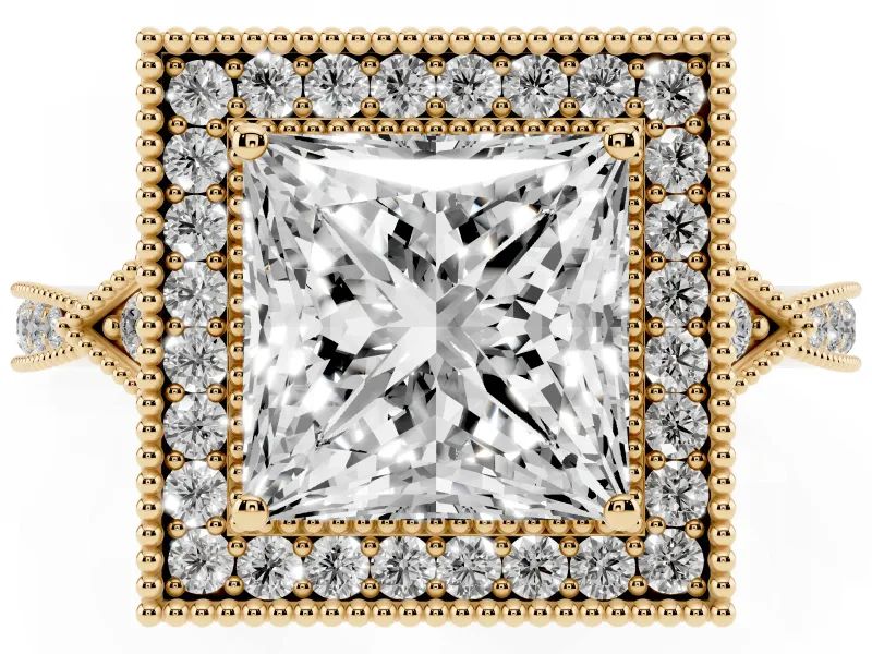 Princess Cut Vintage Milgrain Halo Engagement Ring Setting | Graduated Pavé Band | Yellow Gold