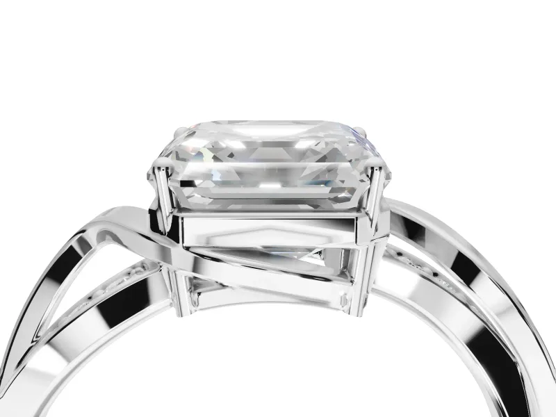 Asscher Cut Bypass Solitaire Engagement Ring Setting | Pavé and Plain Strands | White Gold