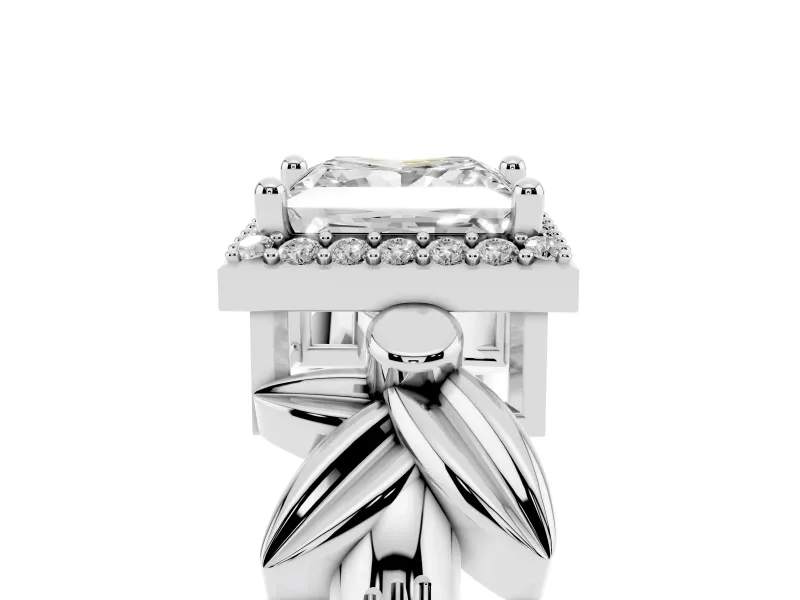 Princess Cut Floral Halo Engagement Ring Setting | Leaf Shoulders | Sterling Silver
