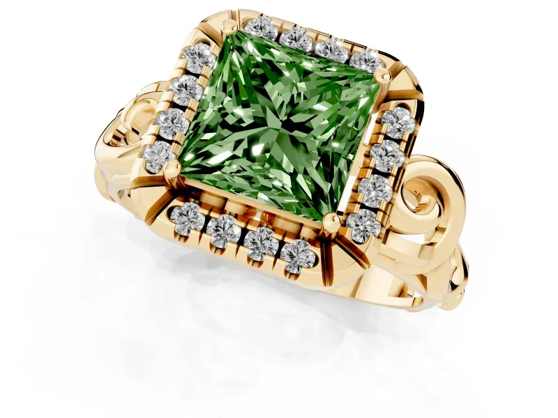Princess Cut Filigree Halo Engagement Ring Setting for a Fancy Green Lab-Grown Diamond | Yellow Gold
