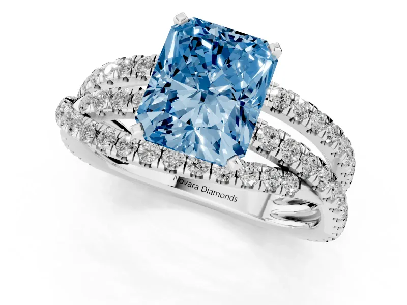 Fancy Blue Radiant Cut Diamond Solitaire Twist Band Ring Set in Platinum with Pavé Setting and Prong Head