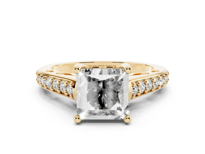 Princess Cut Diamond Prong Set Solitaire Engagement Ring Set in Yellow gold with Pavé Band