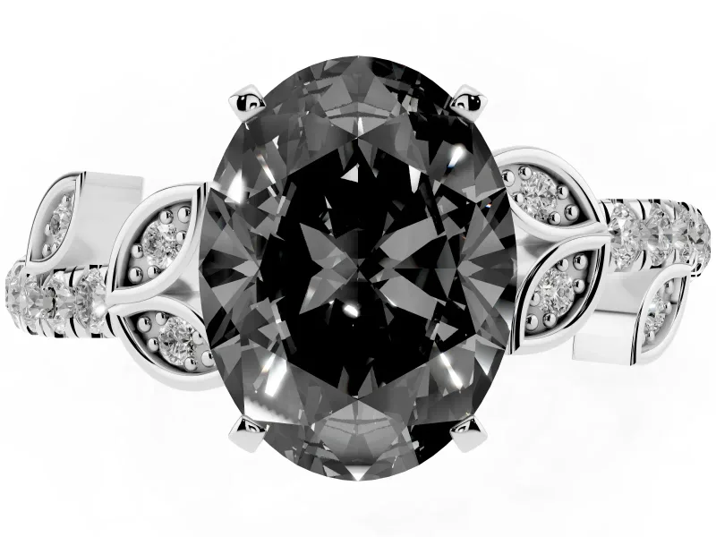 Fancy Black Oval Cut Diamond Solitaire Leaf-Inspired Ring Set in Silver with Pavé Band and Prong Setting