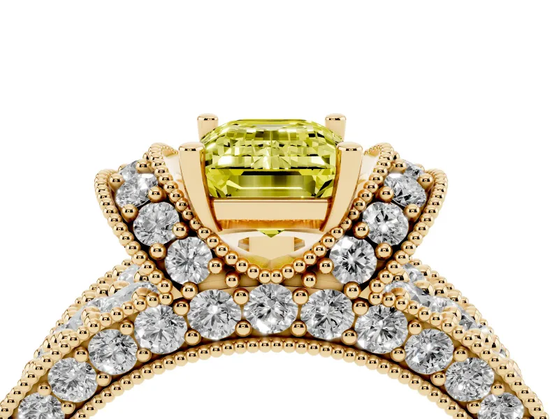 Emerald Cut Vintage Pave Engagement Ring Setting for a Fancy Yellow Lab-Grown Diamond | Milgrain Edges | Yellow Gold