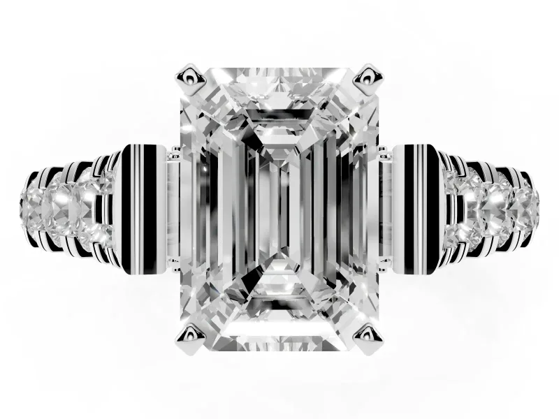 Emerald Cut Diamond Classic Solitaire Ring Set in Silver with Pavé Band and Prong Setting