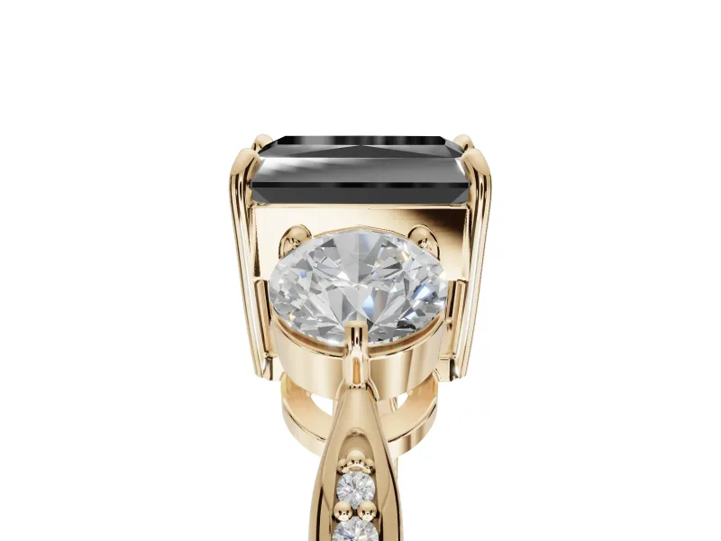 Radiant Cut Three Stone Engagement Ring Setting for a Black Center | Tapered Pavé Band | Yellow Gold