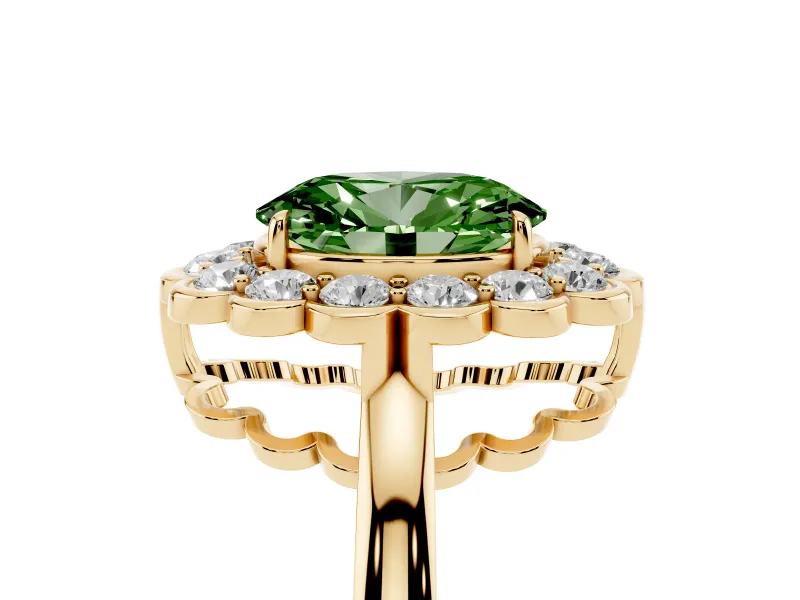 Oval Scalloped Cluster Halo Engagement Ring Setting for a Fancy Green Lab-Grown Diamond | Plain Band | Yellow Gold