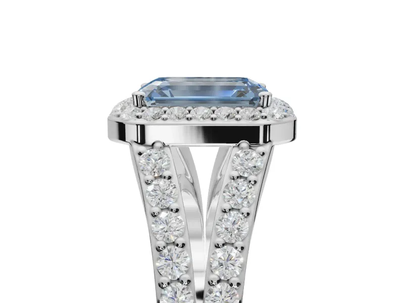 Emerald Cut Halo Pavé Engagement Ring Setting for a Fancy Blue Lab-Grown Diamond | Narrow Split Shank | Sterling Silver