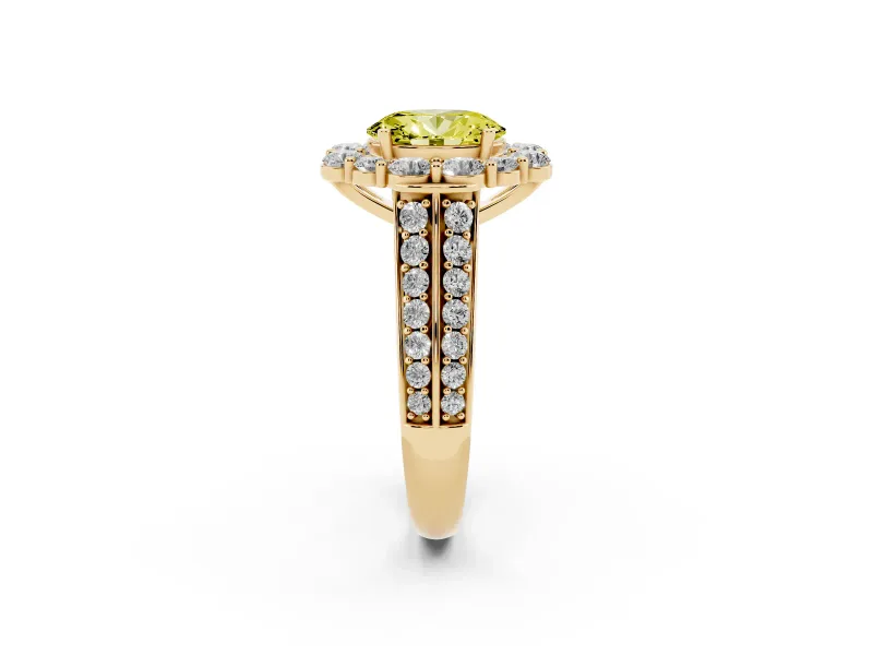 Fancy Yellow Oval Cut Diamond Halo Engagement Ring Set in Yellow gold with Split Shank and Prong Setting