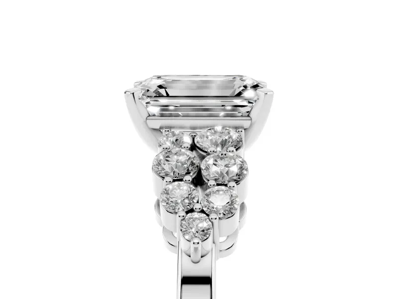 Emerald Cut Diamond Cluster Engagement Ring Set in Silver with Pavé Band and Prong Setting